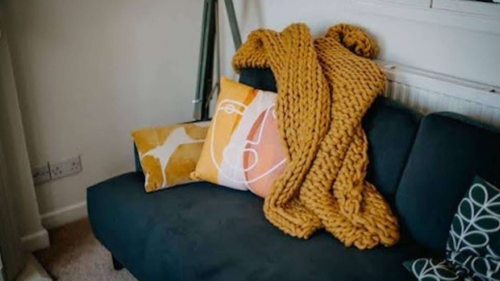 Pillows and blankets on a sofa